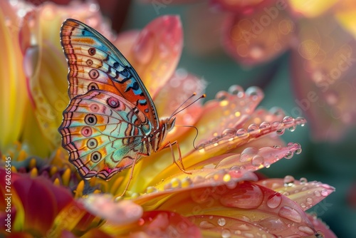 Detailed closeup of a brightly colored butterfly with intricate wings, delicately perched on vibrant pink petals