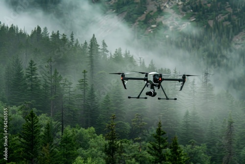 A small plane flies above a dense forest filled with tall trees