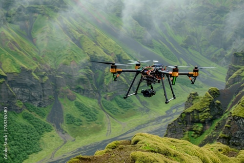 A large black and orange drone equipped with scientific tools flying over a lush green mountain