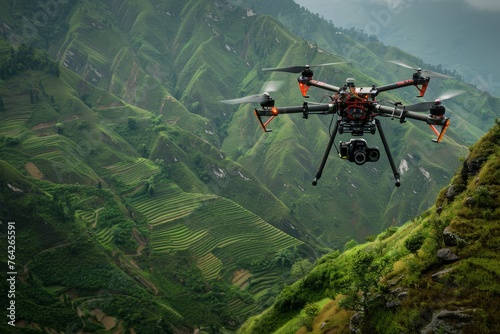 Large remote controlled drone equipped with scientific tools flying over lush green hillside