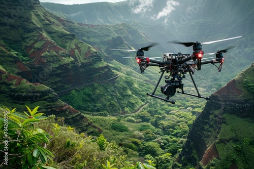 Remote controlled drone equipped with scientific tools flying over steep green hillside