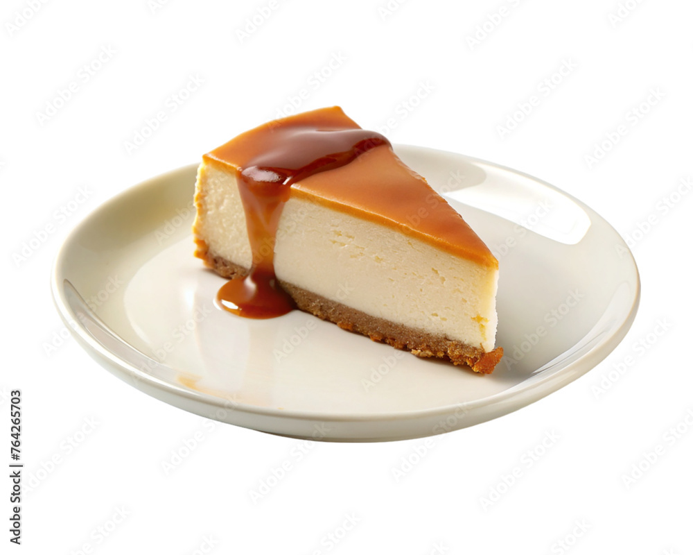 Cheesecake of slice with caramel on white plate. isolated on transparent background. Cheesecake of slice with caramel on white plate. isolated on transparent background.
