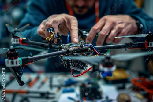 A man meticulously working on assembling a small helicopter, focusing on intricate internal components like circuit boards, wires, and motors