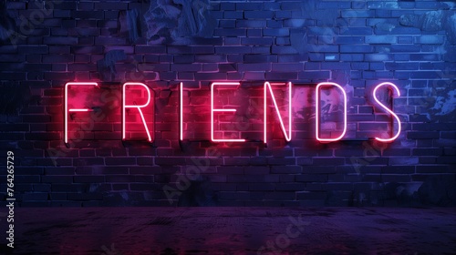 Neon FRIENDS text on dark wall background photo