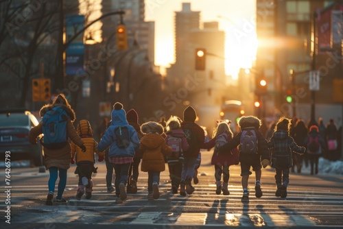 Children joyfully sprint across a crosswalk in a bustling urban setting during daylight