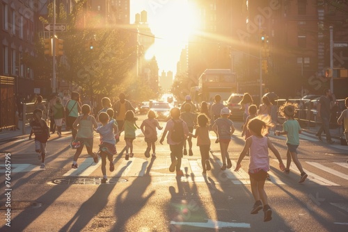 A crowd of people, including children, crossing a street at sunset in a busy urban setting