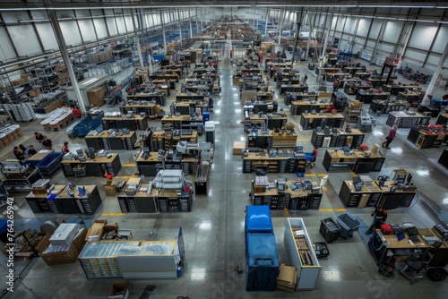 Aerial view of a vast warehouse filled with numerous desks, showcasing the bustling production floor of a drone assembling factory