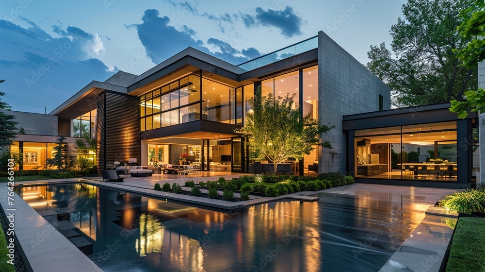 A contemporary mansion with a blend of glass, concrete, and wood elements, exuding elegance and sophistication in its architectural style.