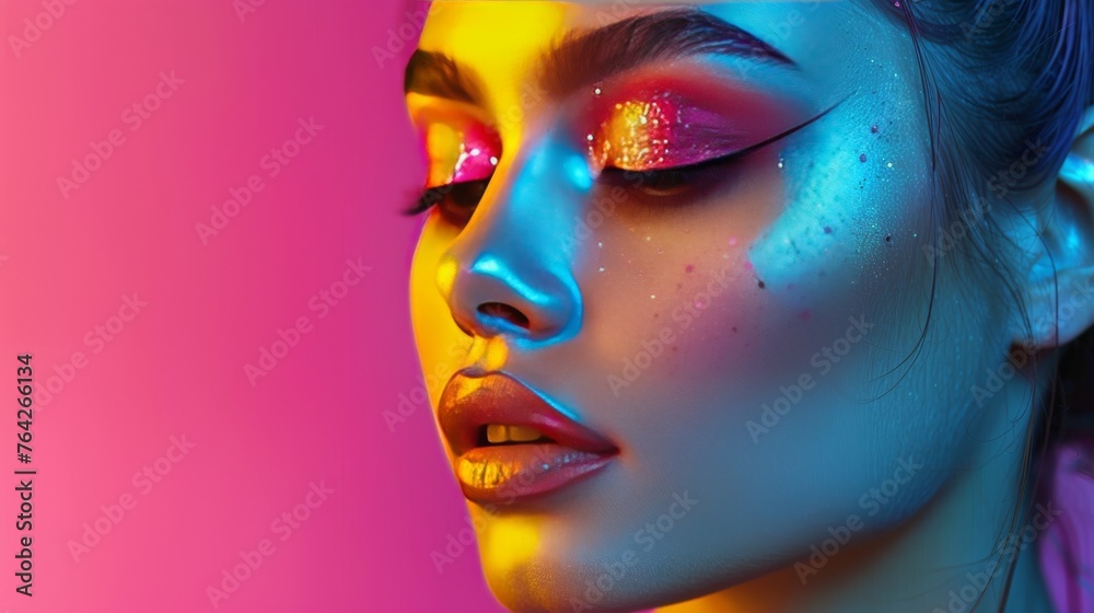 Woman With Bright Makeup and Neon Makeup