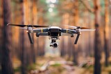 Black and yellow remote-controlled drone flying through a forest, capturing wildlife with its mounted camera