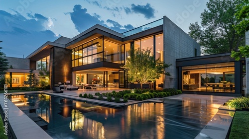 A contemporary mansion with a blend of glass, concrete, and wood elements, exuding elegance and sophistication in its architectural style. © Abdul