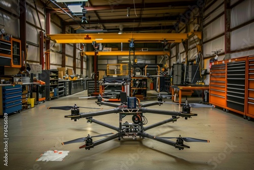 A large room filled with various tools and equipment for assembling a drone frame, showcasing the industrial setting and tools involved in the process