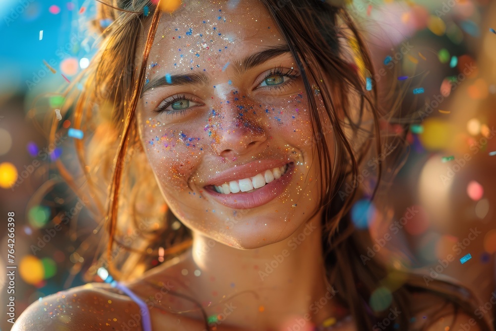 A happy woman with beachy waves and face covered in shimmering glitter gives a warm smile