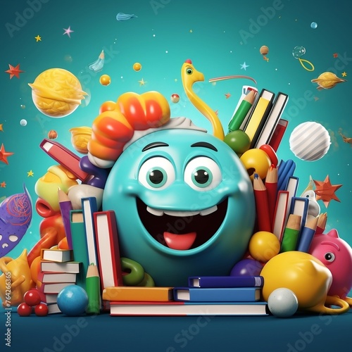 Back to school banner design with colorful funny school characters a, education items and space for text in a background. 3d illustration.