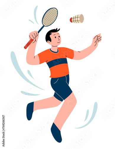 Badminton championship illustration. One Badminton player jumping smash shot. Character for sport.