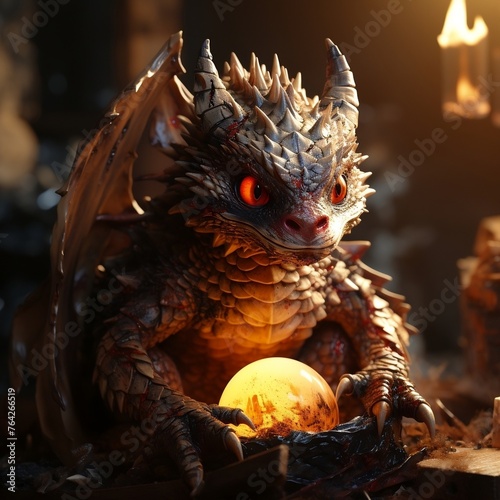 Baby dragon in the egg in a morning, the epic battle evil concept art.