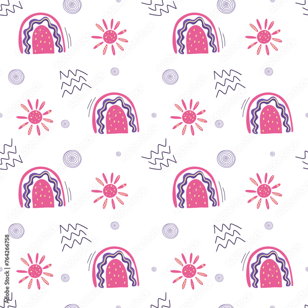 Cute simple pattern with doodle elements. Seamless background with rainbow and sun. Red color