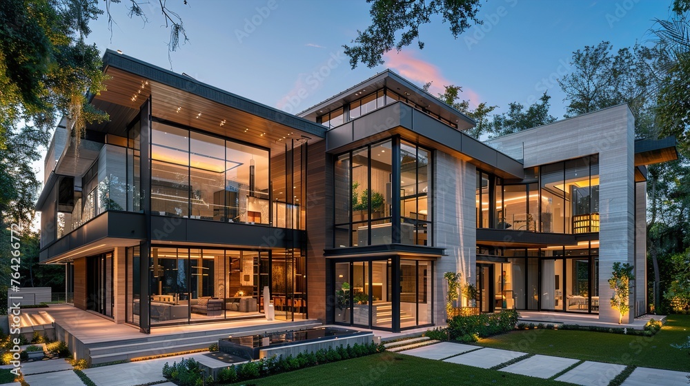 A contemporary mansion with a blend of glass, concrete, and wood elements, exuding elegance and sophistication in its architectural style.