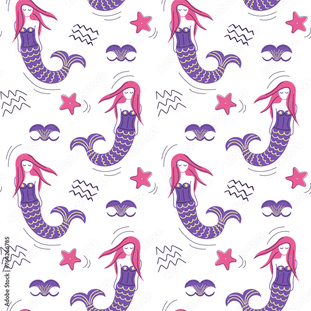 Fototapeta premium Cute simple pattern with sea doodle elements. Seamless background with sketch mermaid.