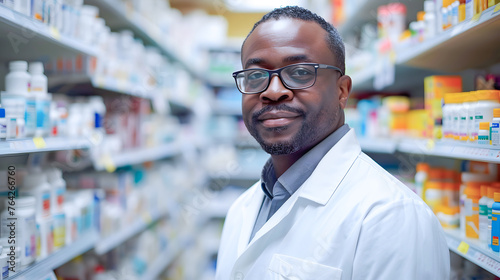 A pharmacist wearing a white lab coat stands in a pharmacy aisle, surrounded by shelves of medication. Generative AI
