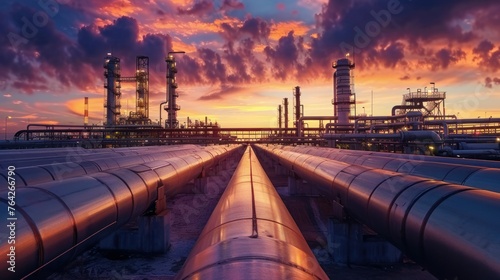 a golden glow over the horizon, the intricate network of pipelines and pipe racks
