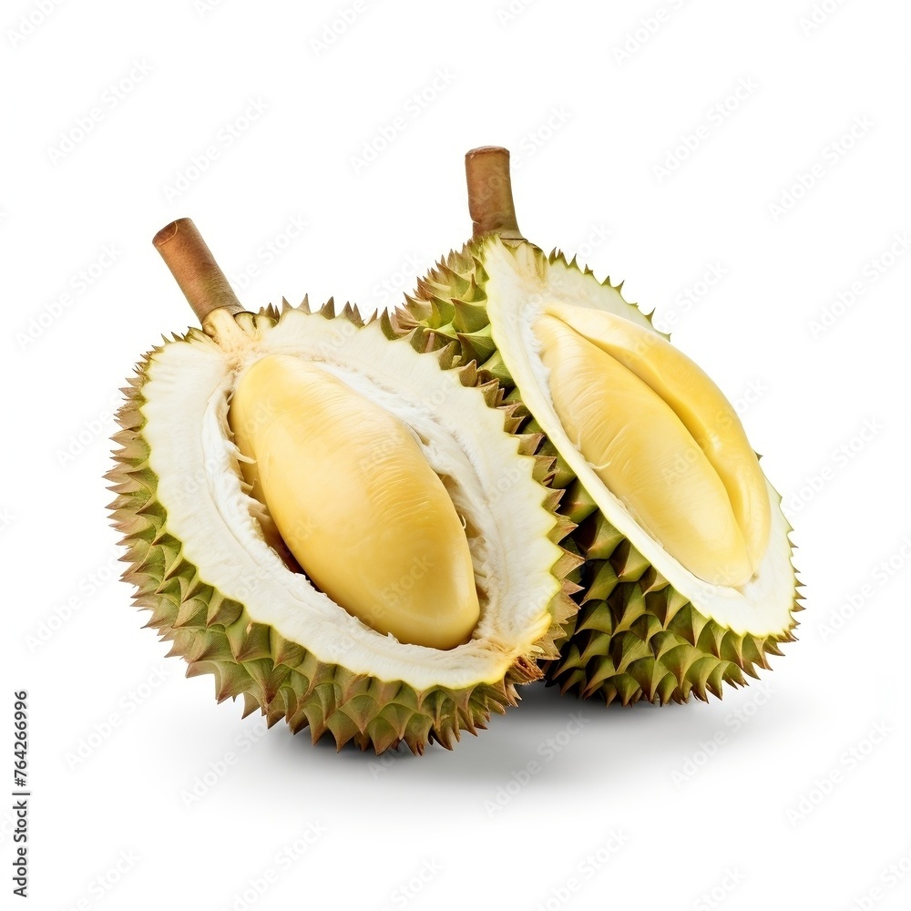 Fototapeta premium Durian fruit with cut in half isolated on white background.