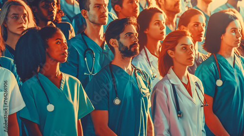 A group of people in medical uniform, a rally of doctors with the unity and determination of healthcare professionals. Concept: medical workers, strike or social issues in health and clinics © MVProductions
