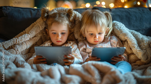 Two Little Girls Sitting on a Couch Using Tablet