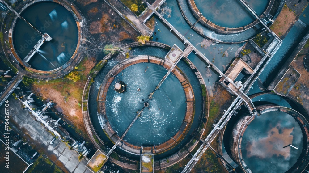 Obraz premium An aerial view reveals the intricate workings of a sewage treatment plant
