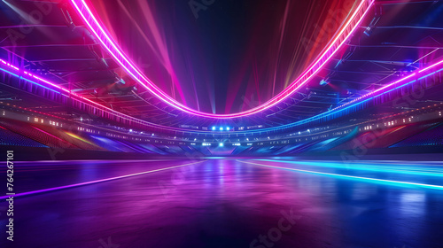 Illuminated Stadium At Night Showcasing Vibrant Neon Lights and Modern Architecture. AI. © Vasyl
