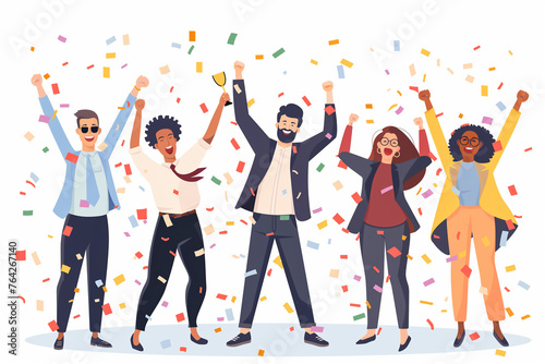 Happy diverse employees team celebrating success business achievement among confetti.
