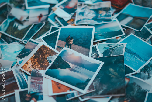 A heap of printed travel photographs strewn on the ground, echoing memories and the wanderlust spirit. Lost or forgotten memories concept photo