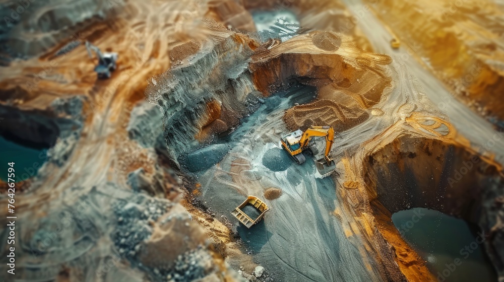 In the expansive embrace of an open pit, trucks and an excavator conduct a symphony of labor