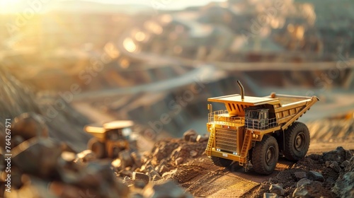 In the expansive embrace of an open pit, trucks and an excavator conduct a symphony of labor photo