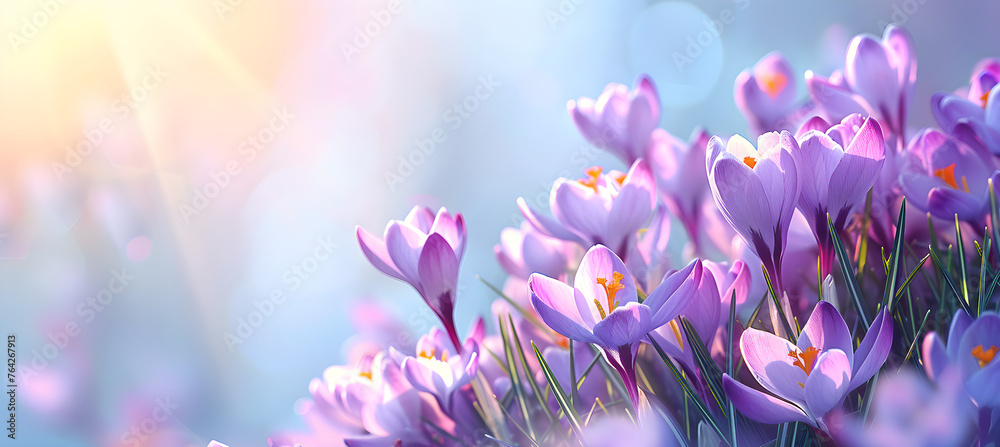 A beautiful natural autumn background with delicate lilac crocus flowers against a blue sky banner, perfect for seasonal and nature-related designs. - obrazy, fototapety, plakaty 