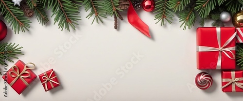 Merry Christmas, frame of spruce branches gifts and christmas tree decorations. Template, new year concept, copy space.