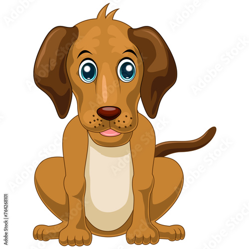 Happy cartoon puppy sitting, Portrait of cute little dog wearing collar. Dog friend. Vector illustration. Isolated on white background.