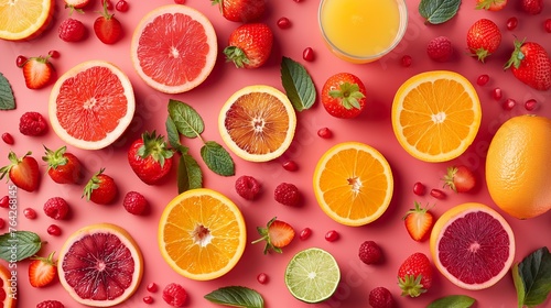 Commercial healthy food visual feast: a colorful array of fresh fruit including oranges, grapefruits, and berries, beautifully laid out on a pink background