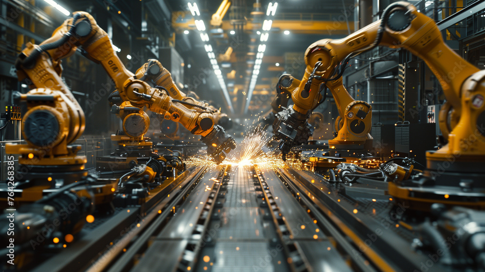 welding robots in a car factory