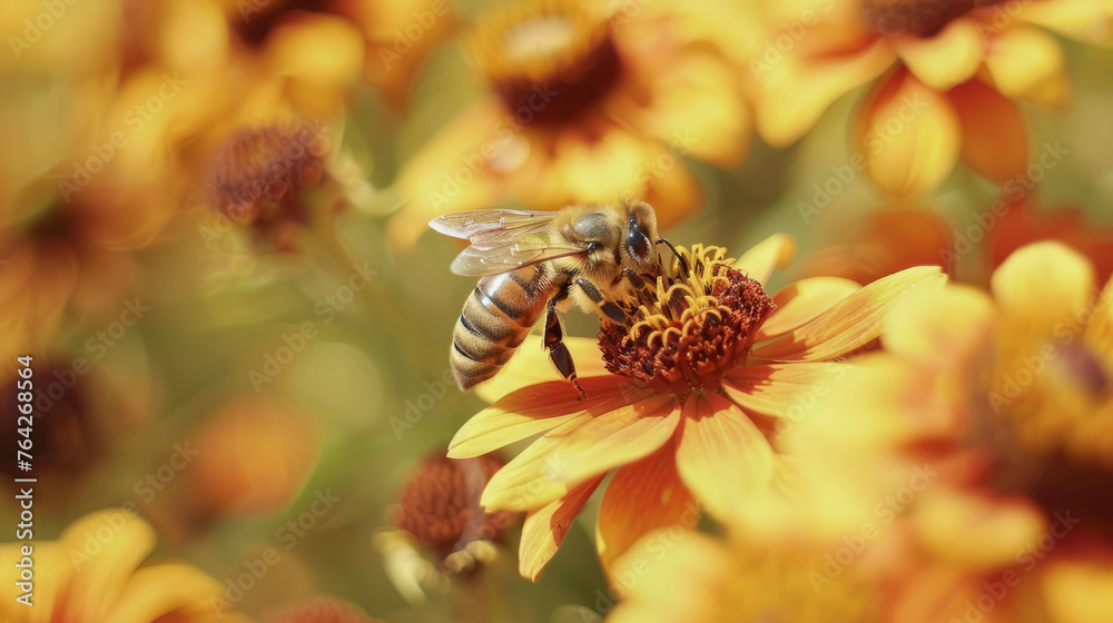 Bees pollinate flowers. Bees collect nectar. Bee flying around flowers. Yellow background. Bees pollinate flowers. Bees collect nectar. Bee flying around flowers. Yellow background.