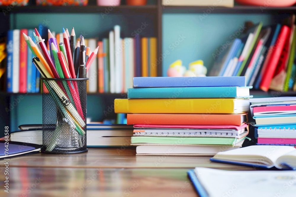 Education concept with stack of books on wooden table Education concept with stack of books on wooden table