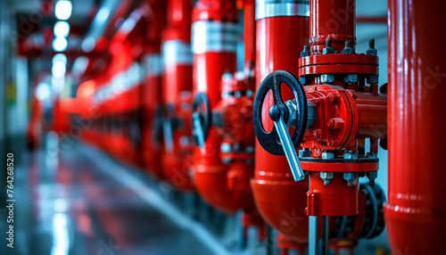 A row of red color fire fighting water supply pipeline system, Red pipeline system: fire fighting water supply, A red pipe with red valves on it. The image has a mood of danger and caution