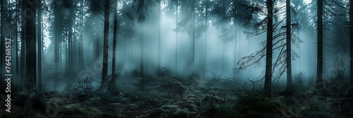 Black forest with thick fog. Trees in the clouds. Mystical dark nature background. photo