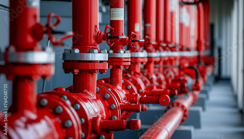 A row of red color fire fighting water supply pipeline system, Red pipeline system: fire fighting water supply, A red pipe with red valves on it. The image has a mood of danger and caution © BrightSpace