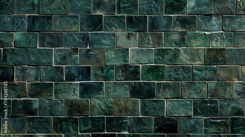 Dark green brick tiles ceramic wall texture. Green kitchen background.