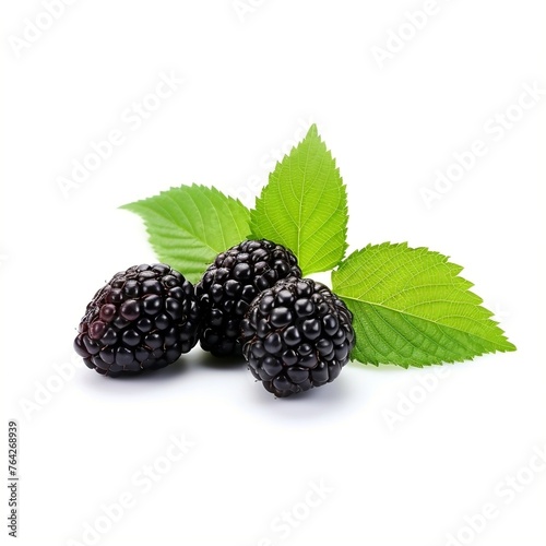 Three organic Mulberry fruits with green leaves isolated on white background