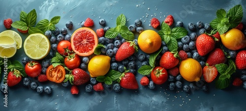 healthy food background for commercial projects, showcasing a variety of fruits, veggies, and nuts on a textured blue backdrop, embodying clean eating © TEERAPONG