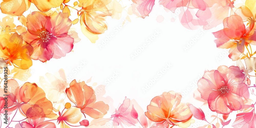 watercolor floral background white space in the center of the composition, bright colors, pastel tones, pink and yellow shades Generative AI