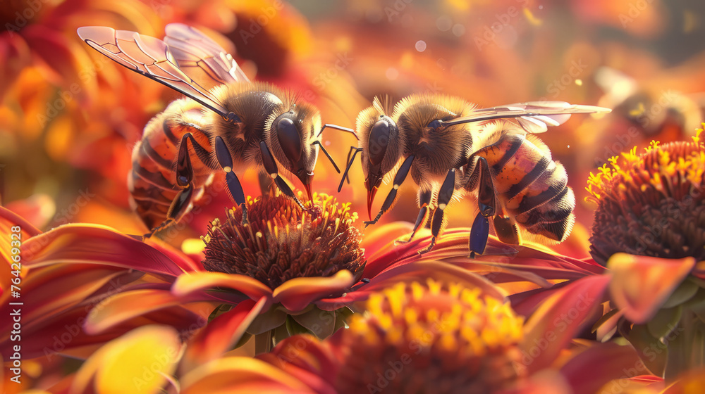 Bees pollinate flowers, close up. Bees collect nectar. Bee flying around flowers. Orange background. - obrazy, fototapety, plakaty 