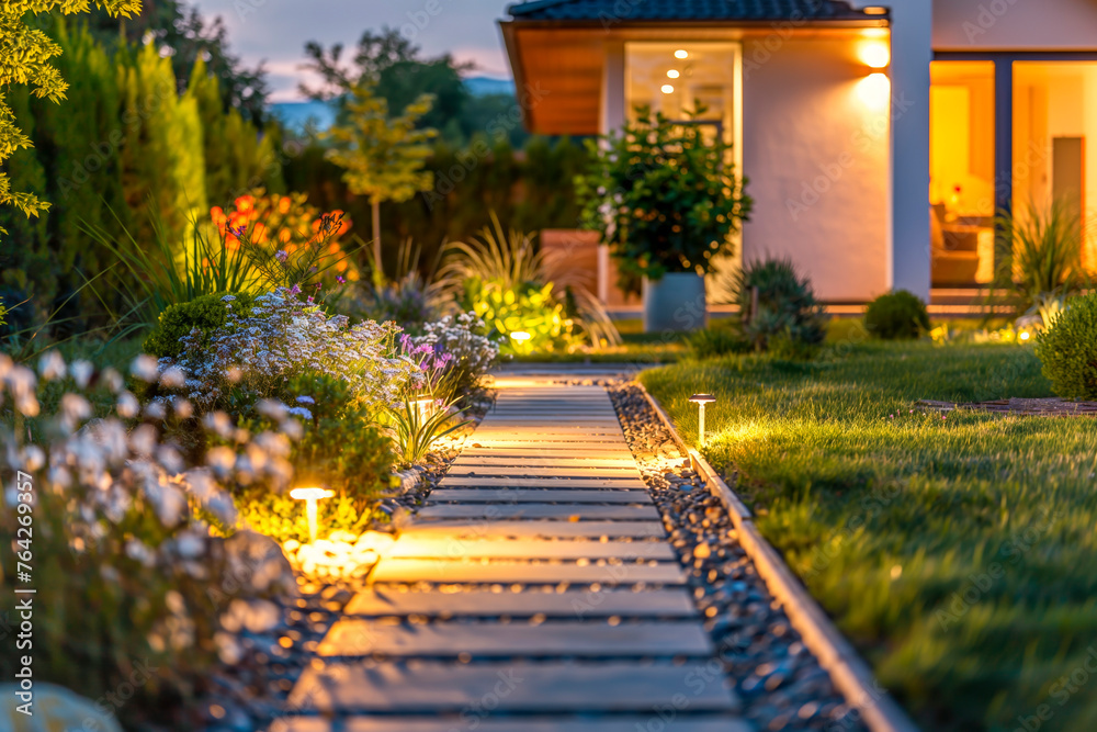 Fototapeta premium Modern gardening landscaping design details. Illuminated pathway in front of residential house. Landscape garden with ambient lighting system installation highlighting flowers plants. Late evening